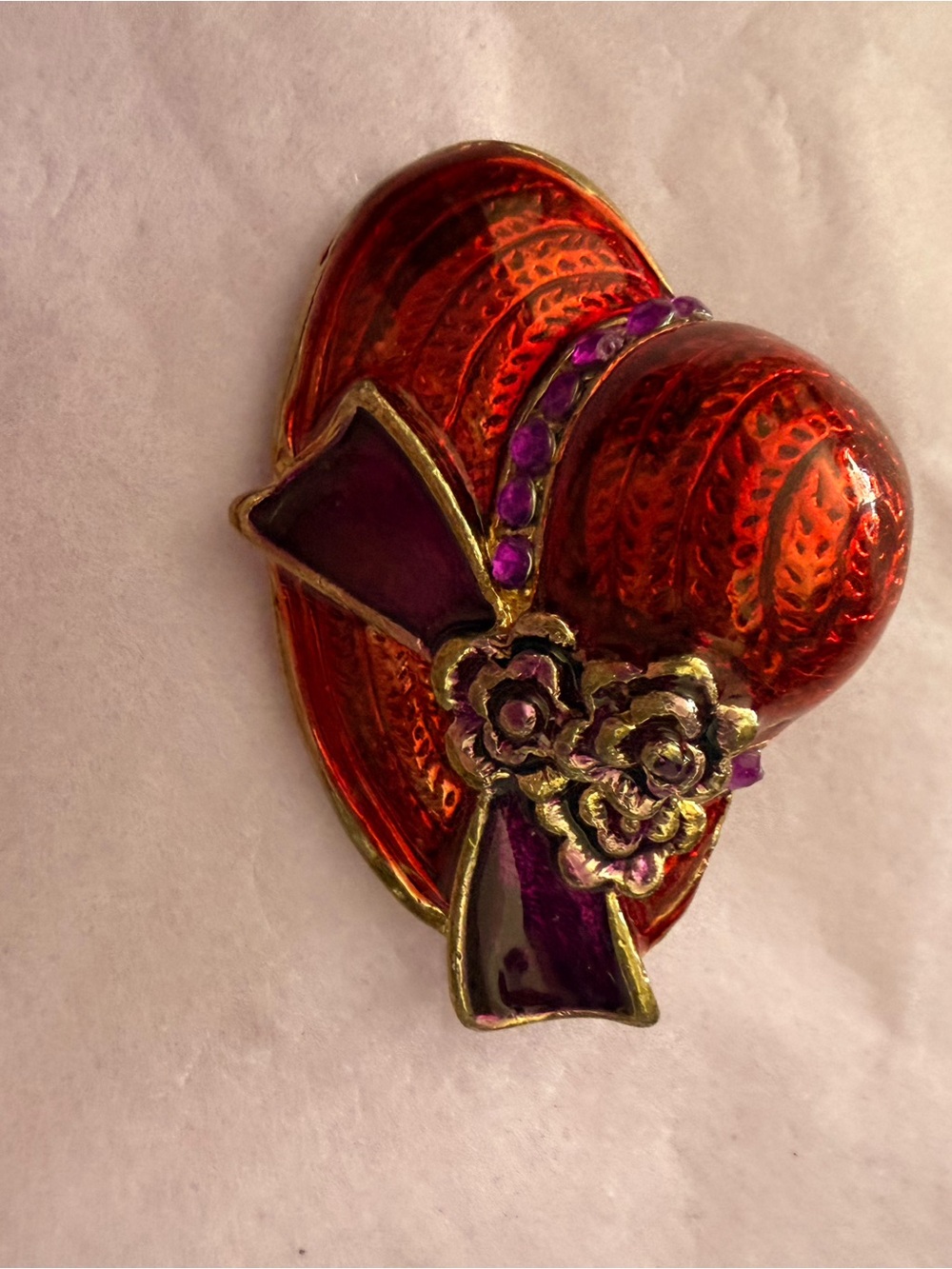 Vintage Red Enamel Heart Brooch Purple Rhinestone Bow Floral Gold Tone Pin